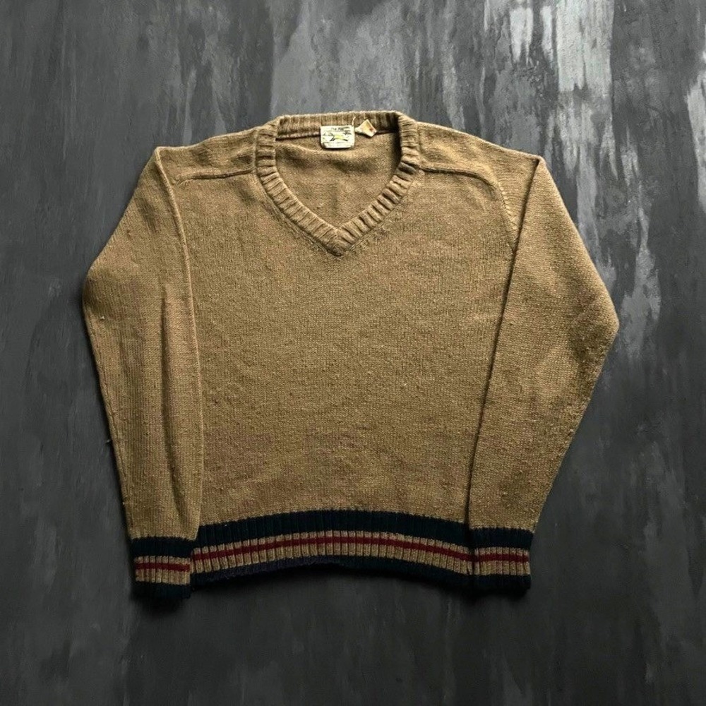 Vintage JCPenney V-Neck Sweater Mens L Brown 1980s The Fox Wool Blend